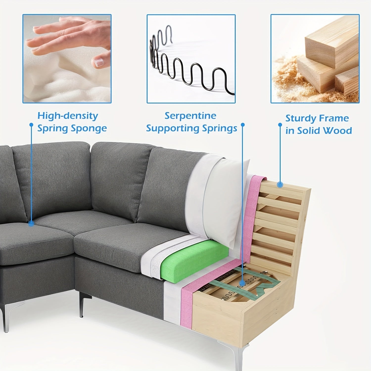 "Plush cushions on grey 4-seater corner sofa with wooden frame durability."