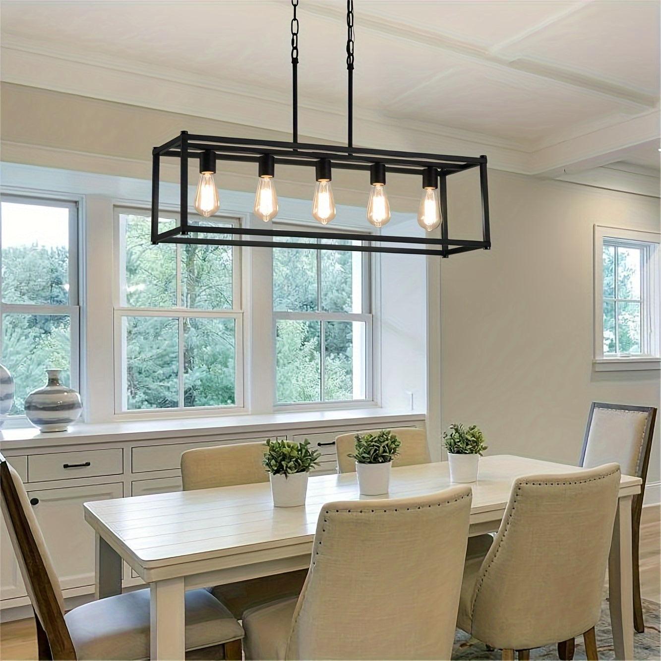 5-Light Industrial Rectangular Chandelier – Rustic Black Kitchen Island Lighting - In home decor
