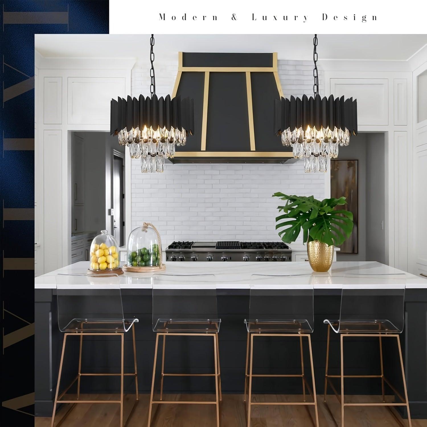 Matte black and crystal ceiling light for dining and living rooms.
