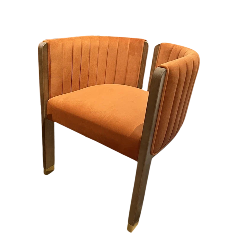 Orange armchair with wooden frame on a white background