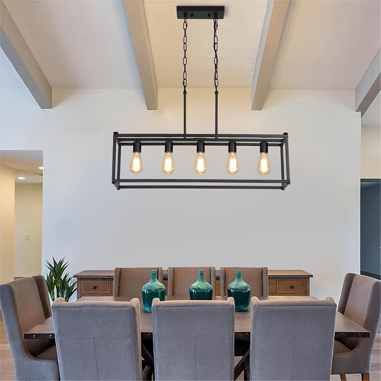 5-Light Industrial Rectangular Chandelier – Rustic Black Kitchen Island Lighting - In home decor