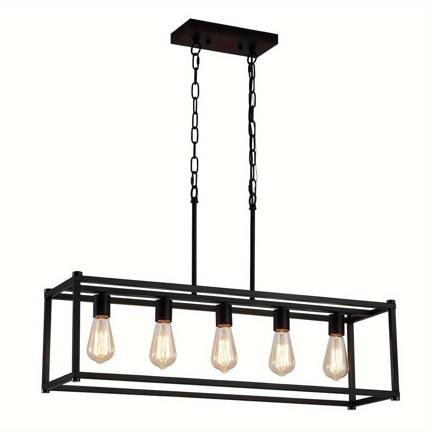 5-Light Industrial Rectangular Chandelier – Rustic Black Kitchen Island Lighting - In home decor