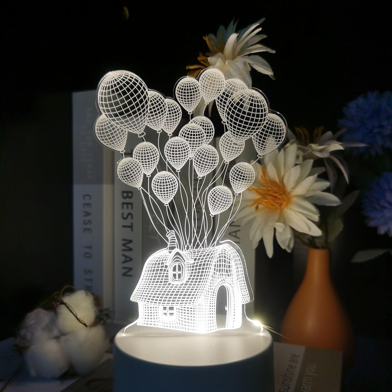 Single-color LED night light with a whimsical balloon house design.
