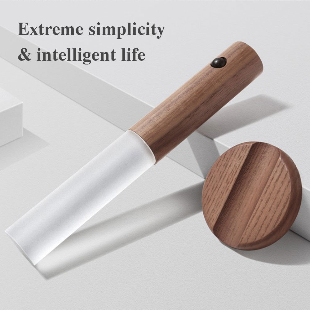 Wooden tool with a white blade on a light gray background, featuring text &