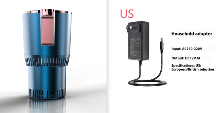 Blue cylindrical device with a black adapter on a white background