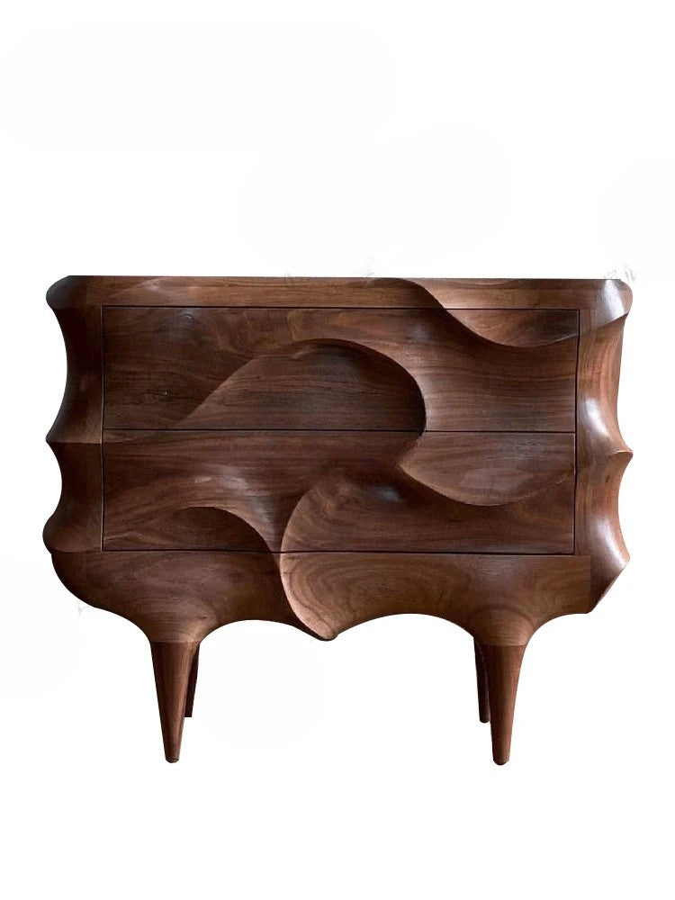 Wooden sideboard with wavy design on a white background