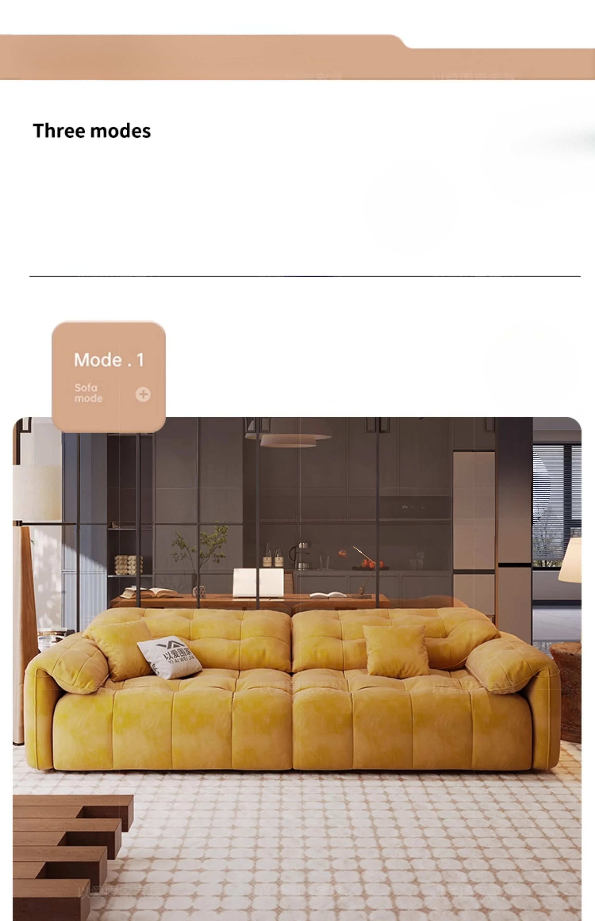 Yellow sofa in a modern living room with text &
