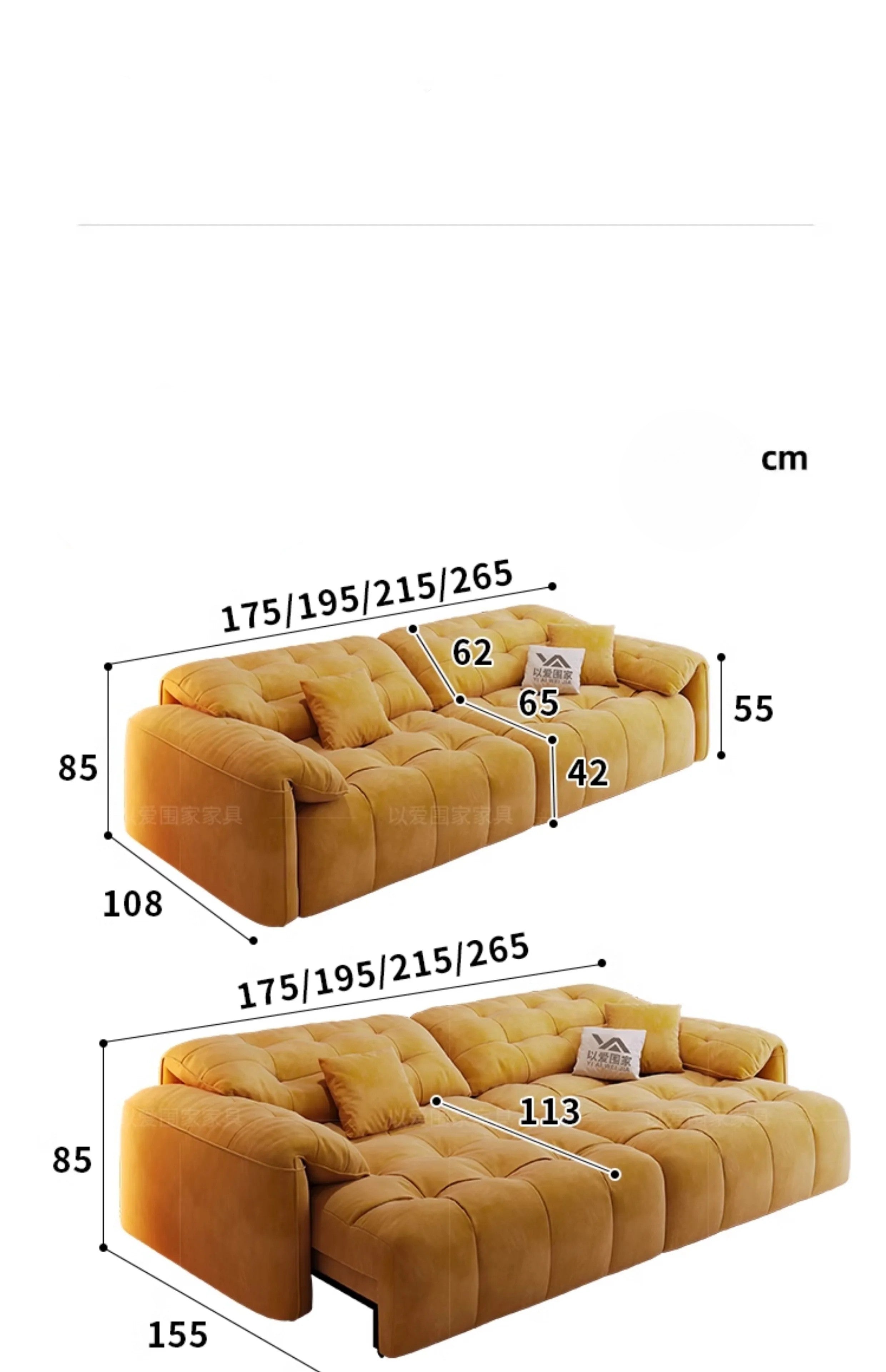 Yellow sofa with dimensions labeled in centimeters on a white background