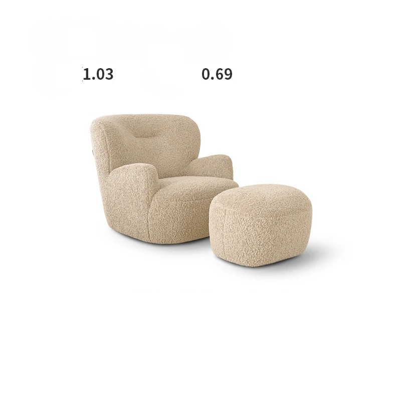 Beige armchair and ottoman on a white background with measurements displayed.
