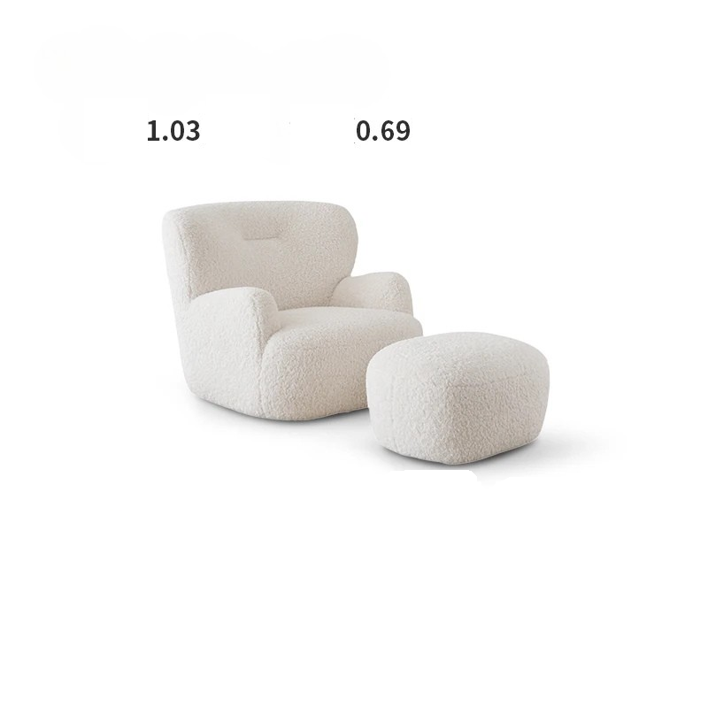 White armchair and ottoman with measurements on a white background
