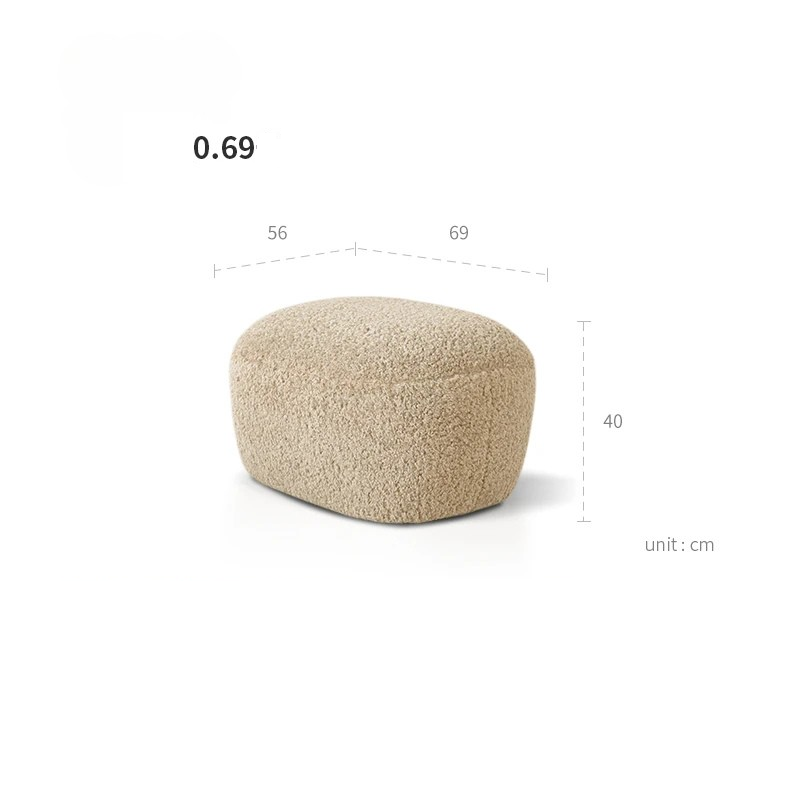 Beige pouf with dimensions labeled on a white background