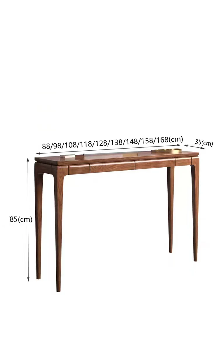 Wooden console table with dimensions on a white background