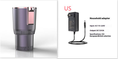 Gray cylindrical device with pink accent on a white background, next to a black household adapter with specifications.