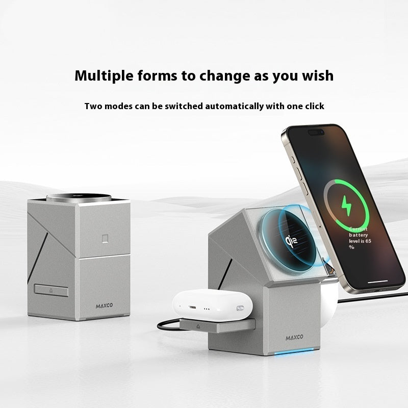 Multi-device charging station with smartphone, smartwatch, and wireless earbuds on a white background.