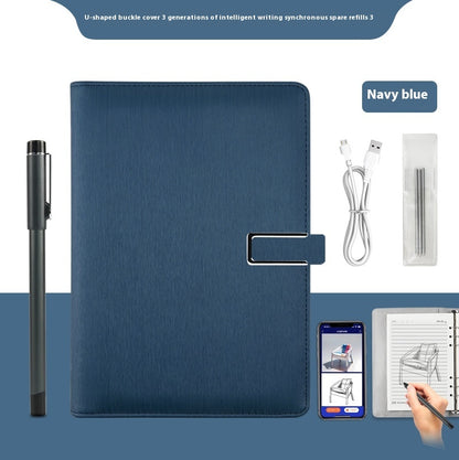 Navy blue writing set with pen, cable, and smartphone app on a blue background
