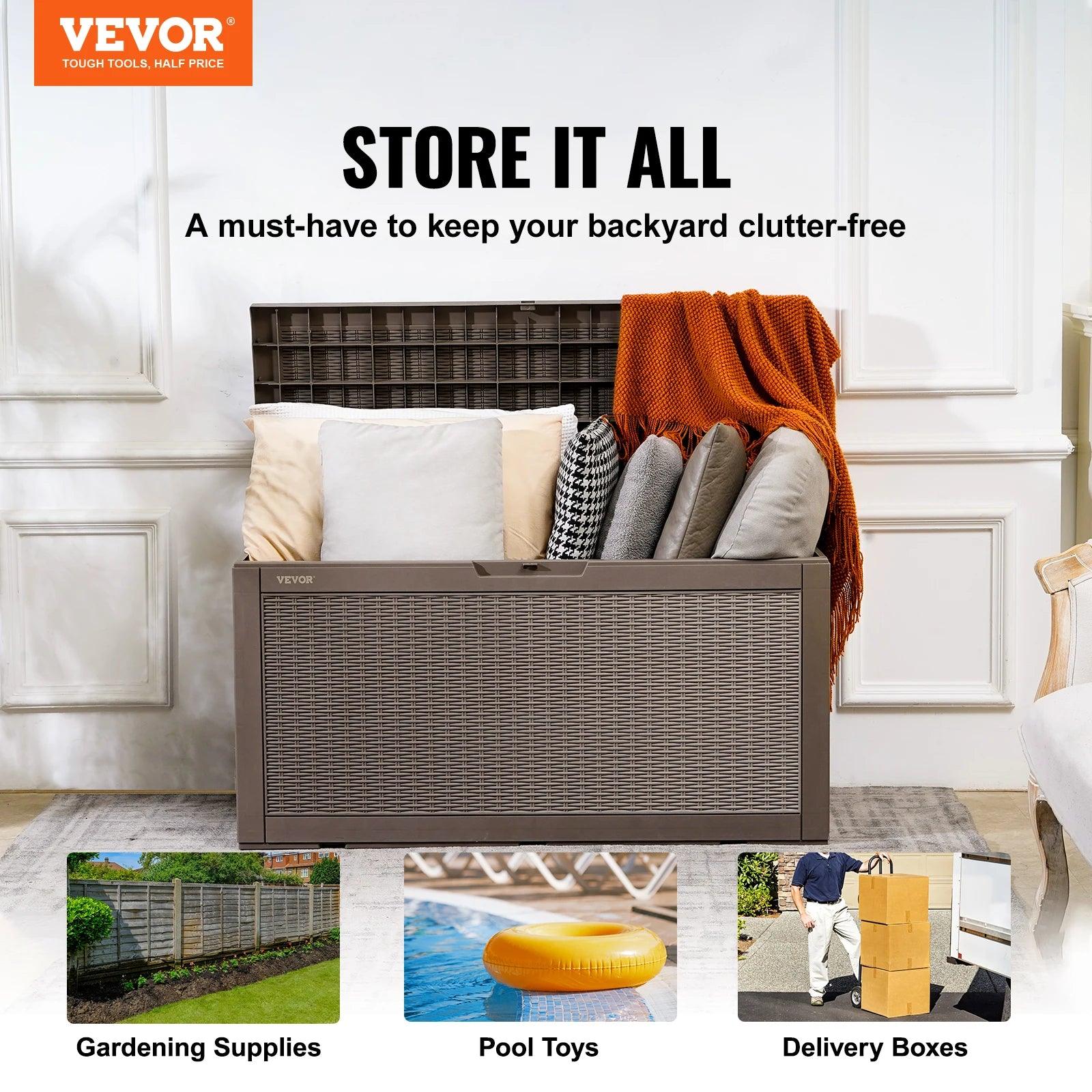 VEVOR patio storage box with secure lock and hydraulic lift