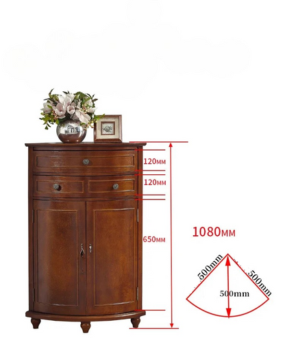 Wooden cabinet with dimensions marked on a white background