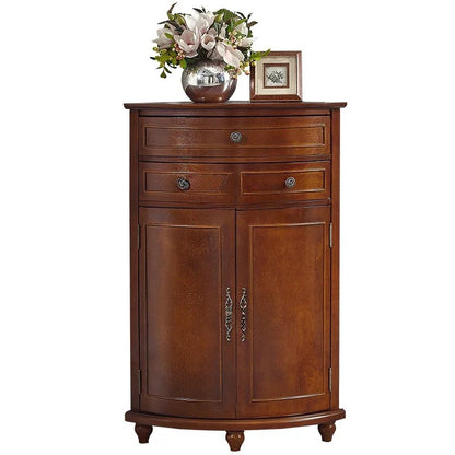 Wooden cabinet with floral arrangement and picture frame on a white background