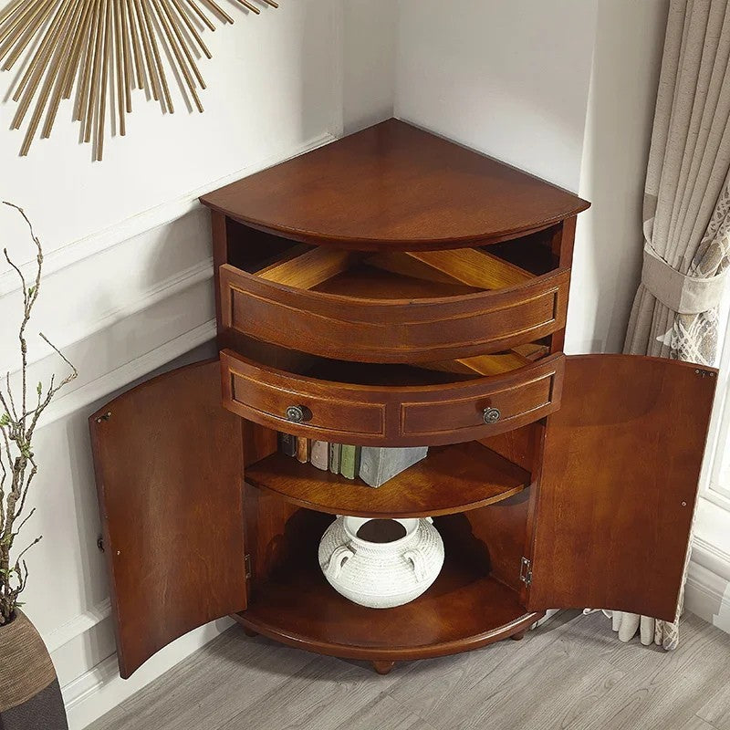 Wooden corner cabinet with open doors in a room setting