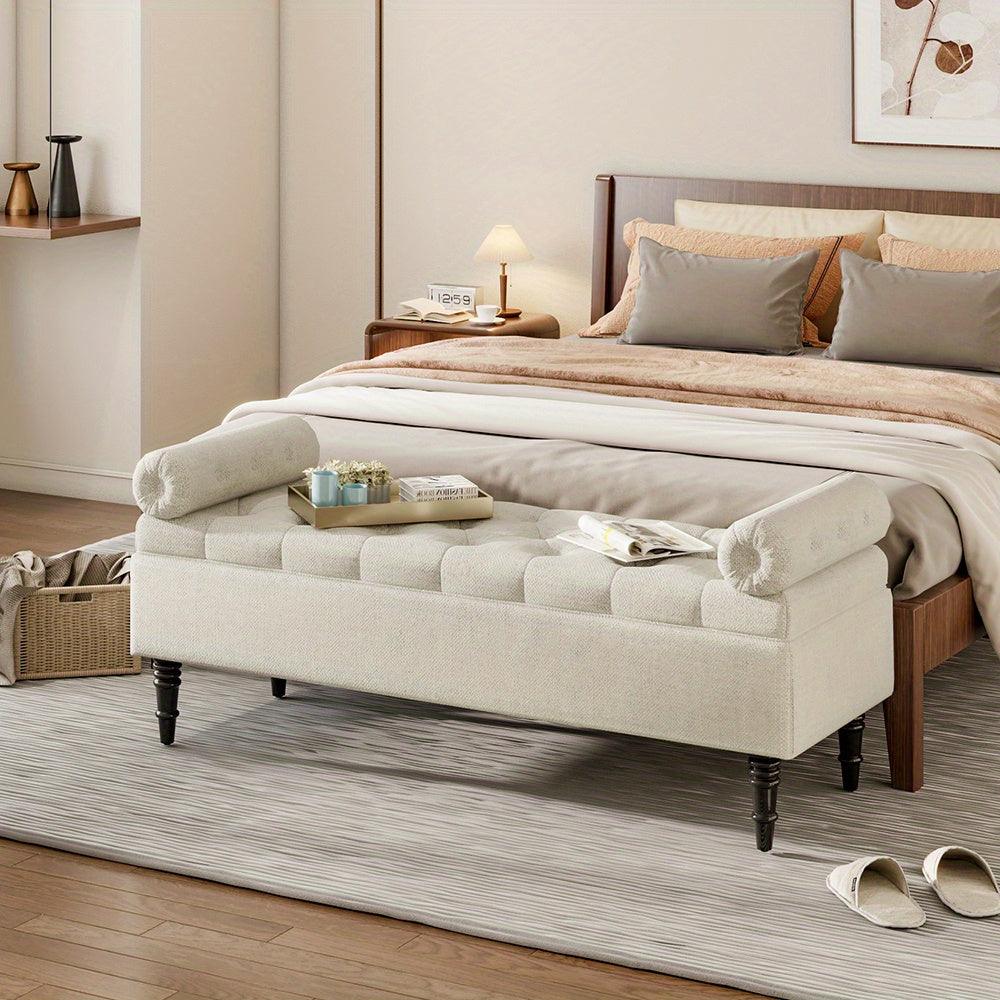 Beige upholstered ottoman bench with Sherpa fabric and hidden storage.