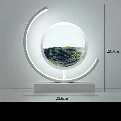 Modern Geometric Sand Art Desk Lamp with adjustable brightness, USB powered, on a wooden desk.