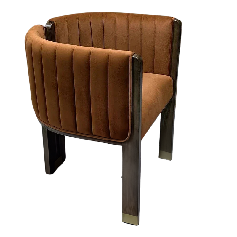Brown upholstered chair with dark wood frame on a white background