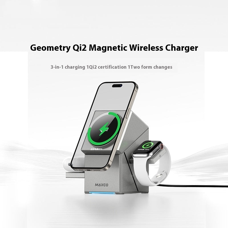 MAXCO Geometry Qi2 Magnetic Wireless Charger with smartphone and smartwatch on a white background