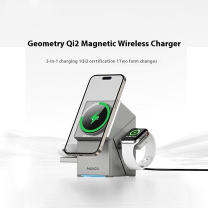 MAXCO Geometry Qi2 Magnetic Wireless Charger with smartphone and smartwatch on a white background