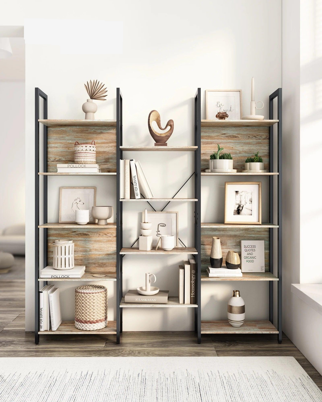 Multilevel bookshelf with decorative items in a room setting