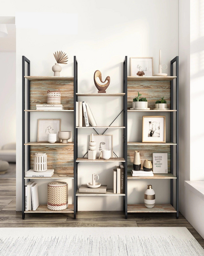 Multilevel bookshelf with decorative items in a room setting