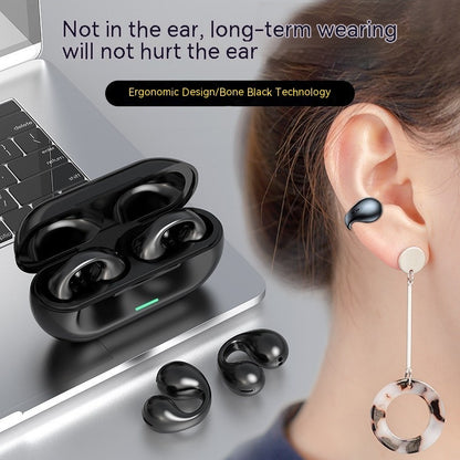 Black wireless earbuds with charging case on a laptop, showing ergonomic design and bone conduction technology.