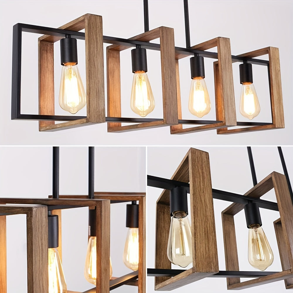 Wooden and metal chandelier with E26/E27 bulb base compatibility.