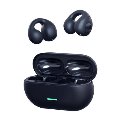 Black wireless earbuds with charging case on a white background