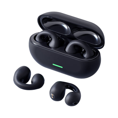Black wireless earbuds with charging case on a white background