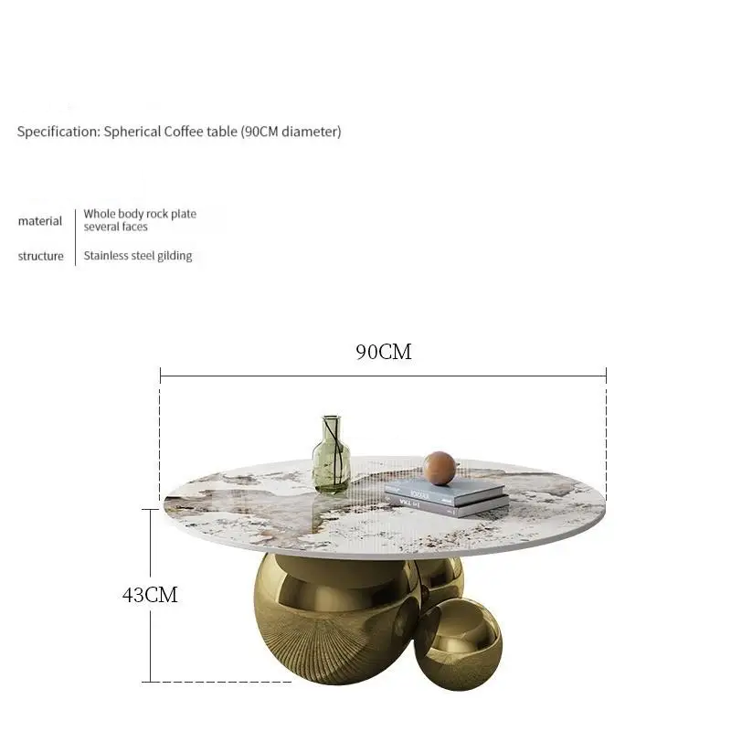 Spherical coffee table with marble top and gold base, showing dimensions on a white background.