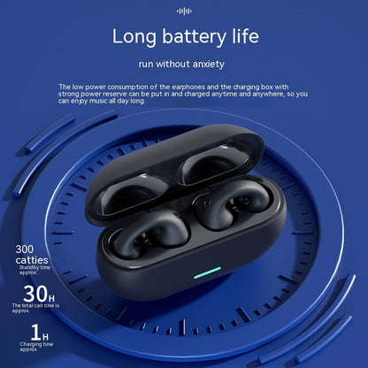 Black wireless earbuds with charging case on a blue background with text about battery life.