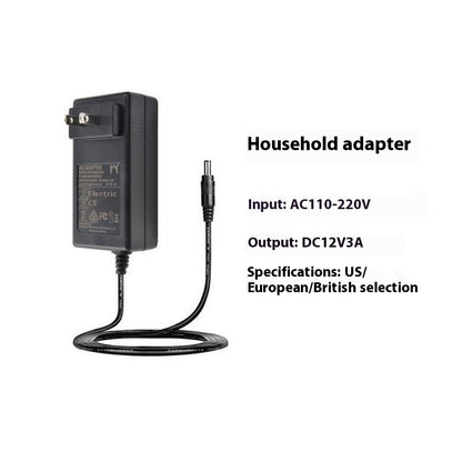 Black household adapter with specifications on a white background