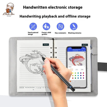 Electronic storage device with digital interface, hand-drawn design, and smartphone app on a white background.