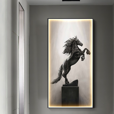 lluminate Your Space with Elegance – Framed Vertical LED Horse Oil Cloth Painting - In home decor