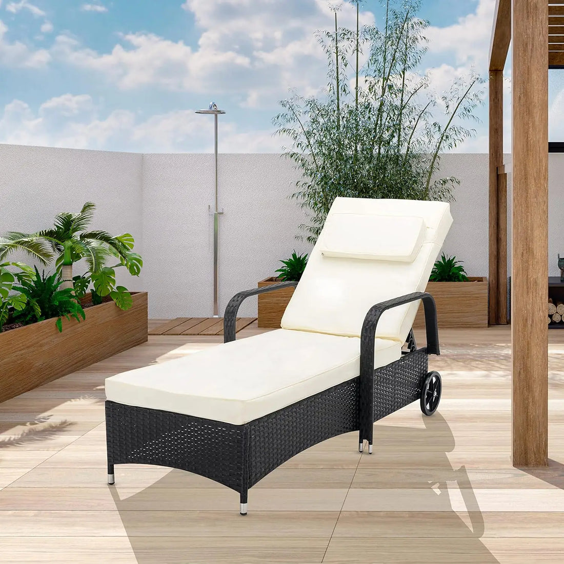 PE wicker sun lounger with padded cushion for outdoor patio