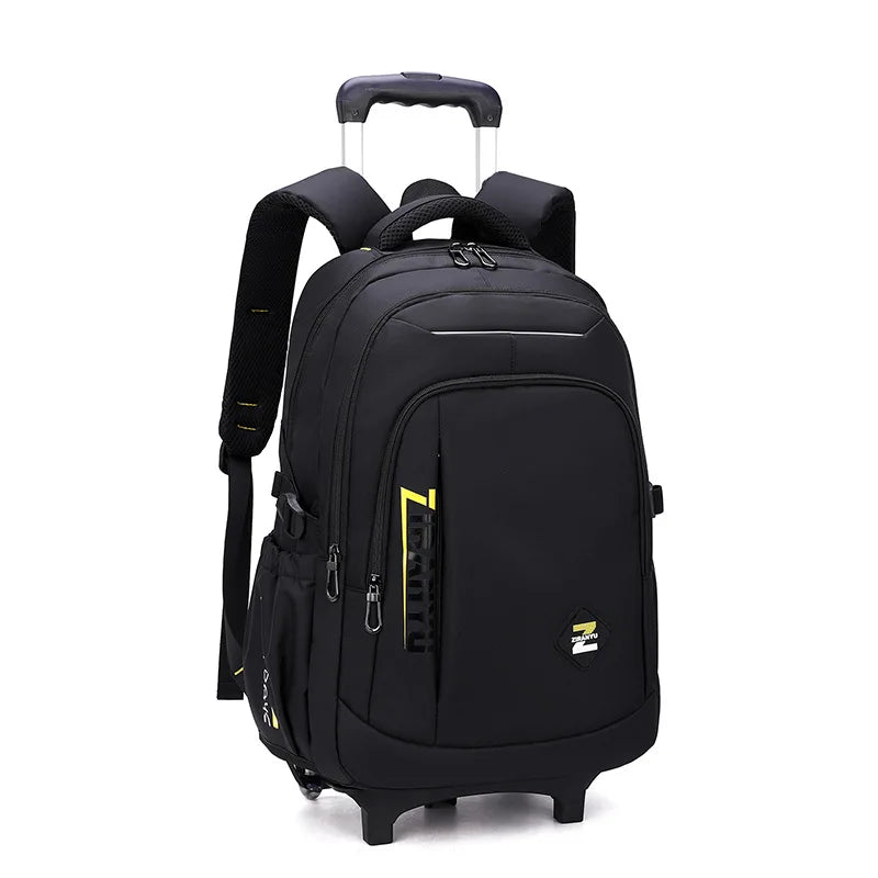 Black rolling backpack with yellow accents on a white background