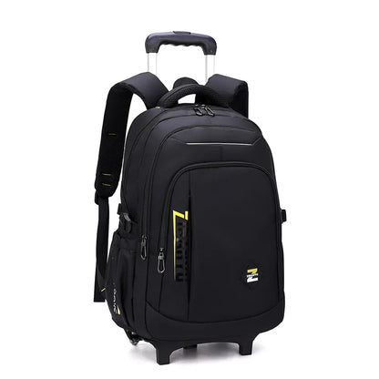 Black rolling backpack with yellow accents on a white background