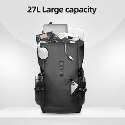 Black backpack with various items on a white background, labeled &