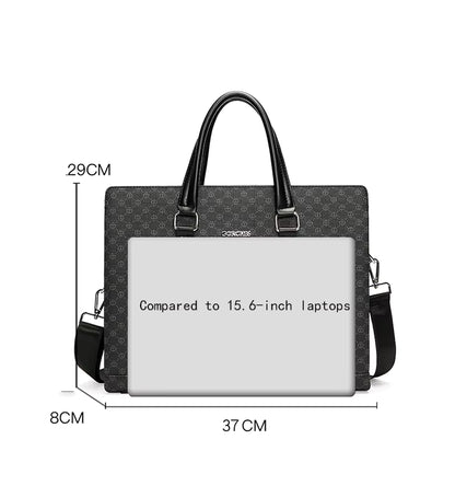 Black and gray laptop bag with dimensions and a laptop inside on a white background