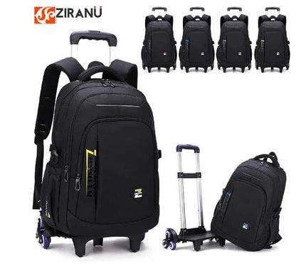 Black rolling backpack with Ziranu branding on a white background