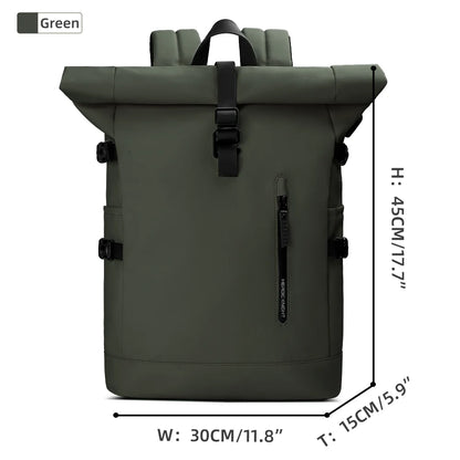 Green roll-top backpack with measurements on a white background
