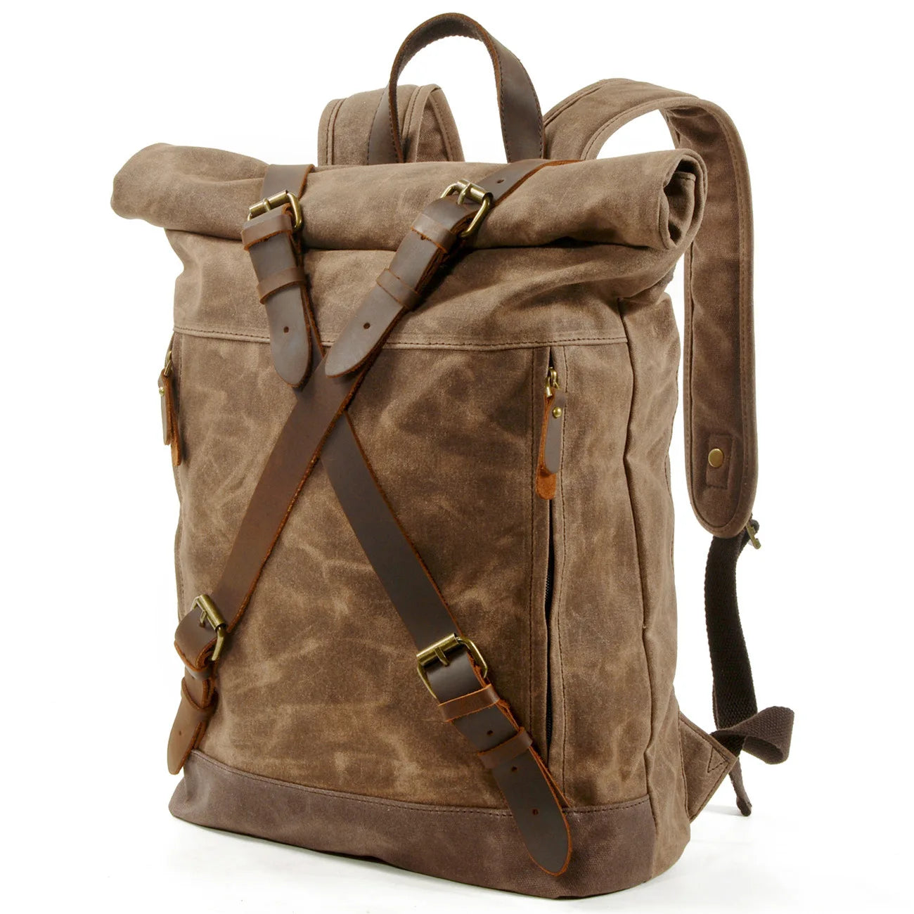 Roll top batik canvas backpack on hiking trail