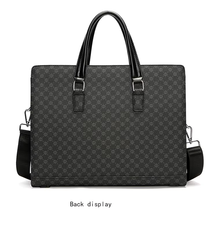 Black patterned briefcase with shoulder strap on a white background