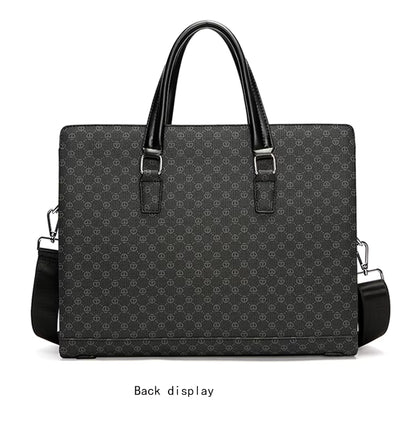 Black patterned briefcase with shoulder strap on a white background