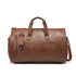 Brown leather duffel bag on a white background
